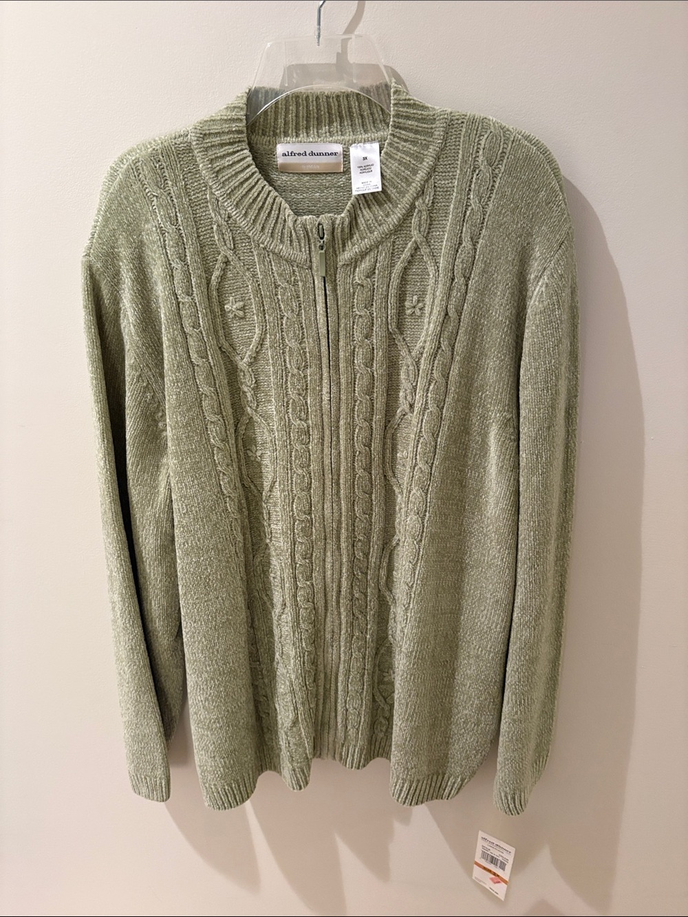 Alfred Dunner Light Sage Green Cable Zip Sweater